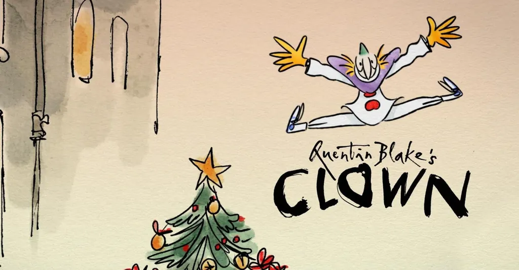 Quentin Blake's Clown leaps for joy beside a Christmas tree: Quentin Blake watercolour for CLOWN in Walthamstow