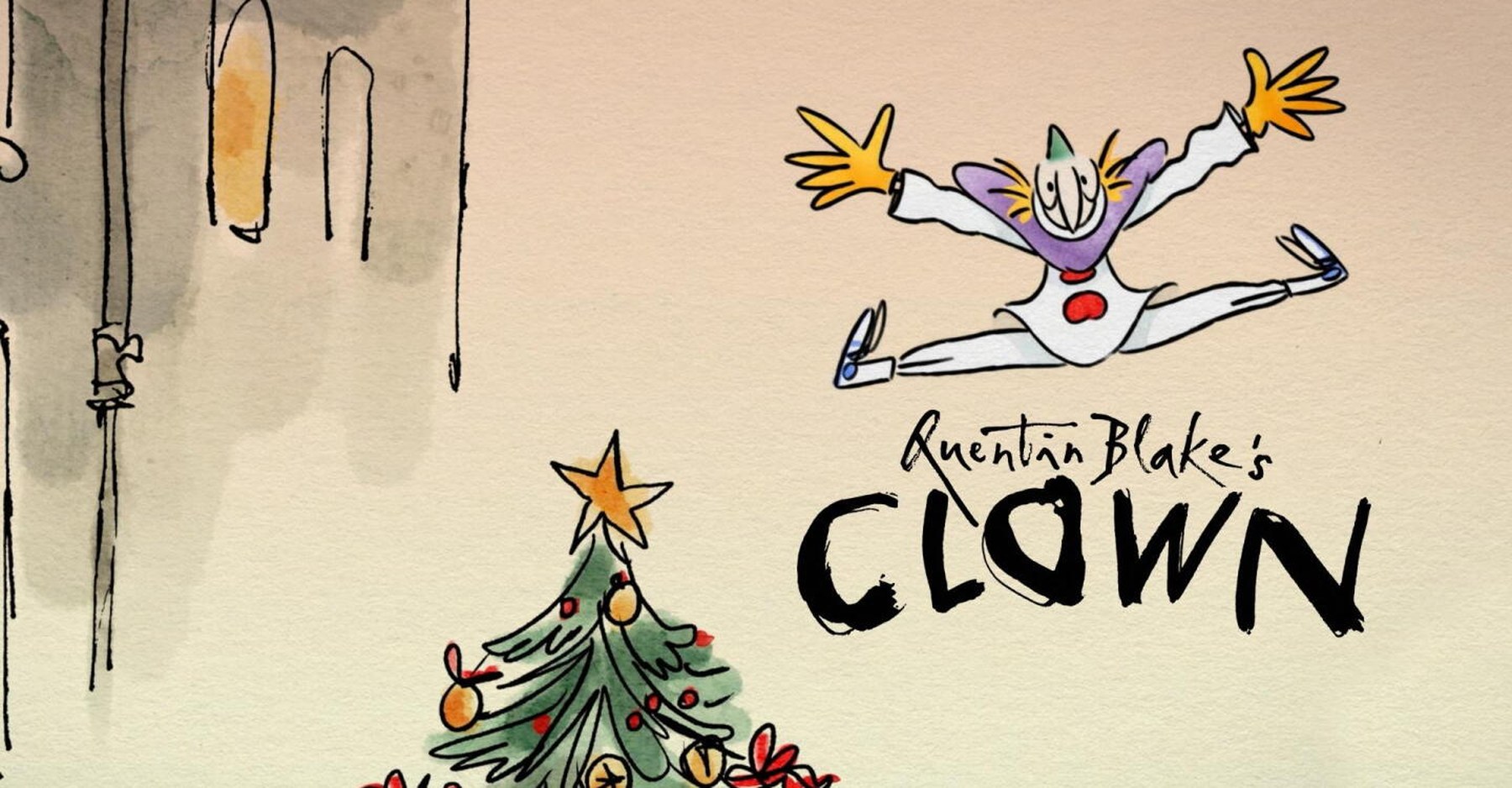 Quentin Blake's CLOWN: Clown leaps for joy beside a Christmas tree in a Quentin Blake watercolour